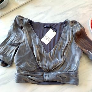 Zara Metallic Silver Satin Puff Sleeve Crop Top